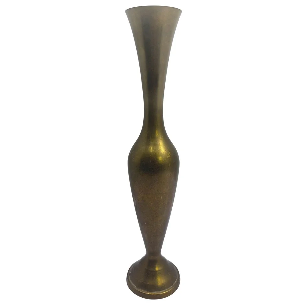 Vintage Solid‎ Brass Bud Vase Tall Slender Flared Rim Pedestal Base Aged Patina